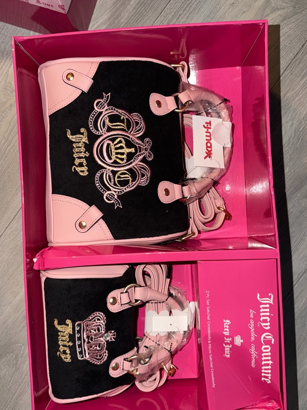 Juicy Couture Pink & Black Embroidered Mini Satchel